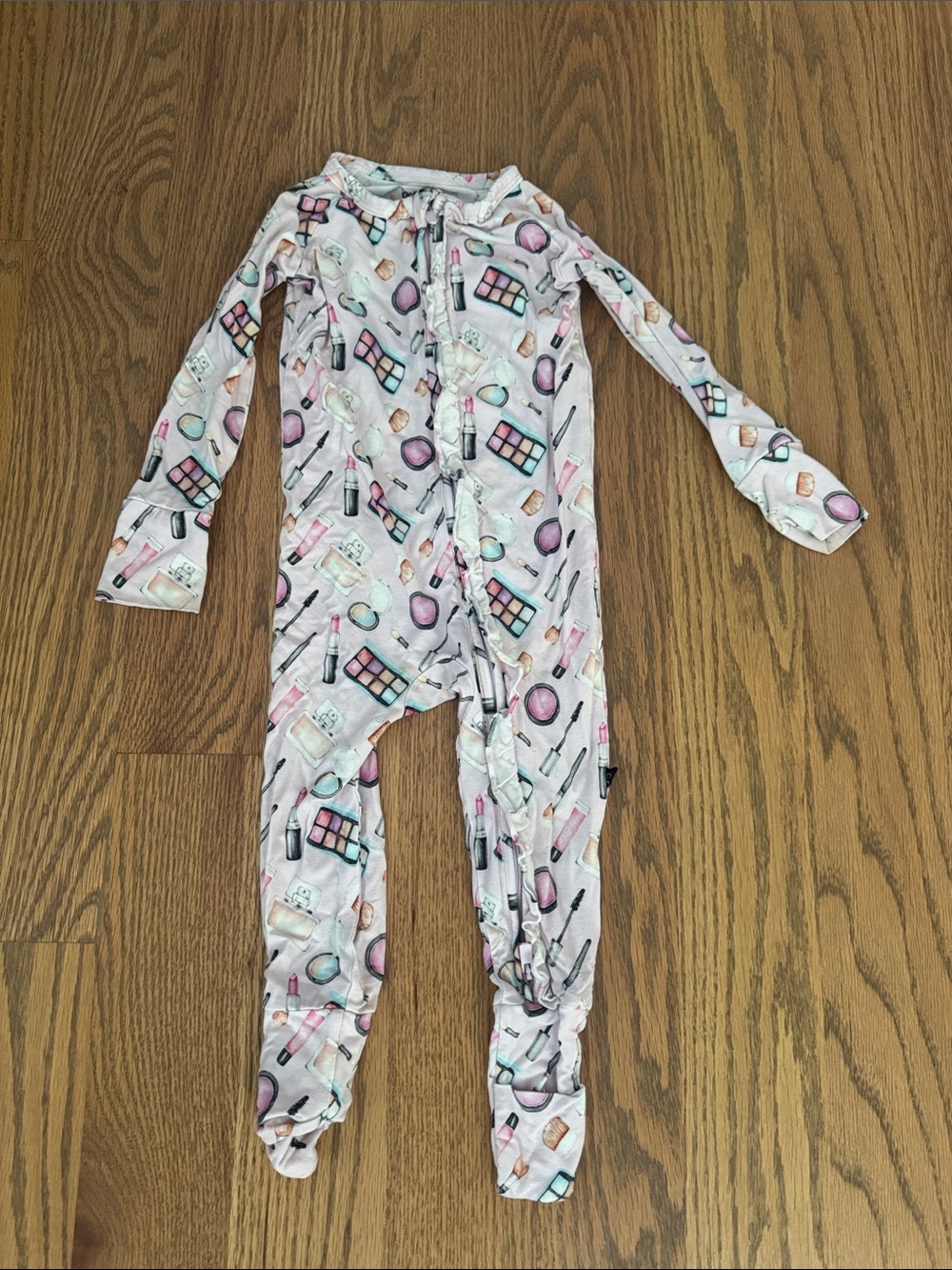 Kids Pink Makeup-Print Footed One-Piece Pajamas